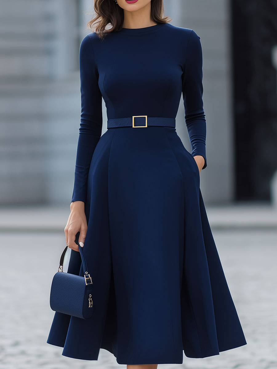Navy Long-Sleeve Belted A-Line Midi Dress