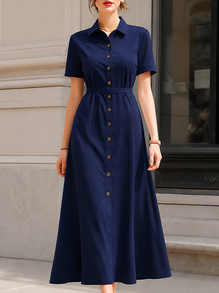 Classic Short-Sleeve Button-Front Maxi Dress