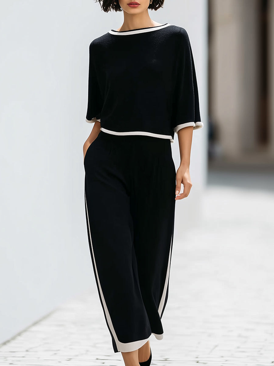 Contrast Trim Knit Lounge Set | Relaxed Short Sleeve Top & Wide-Leg Pants