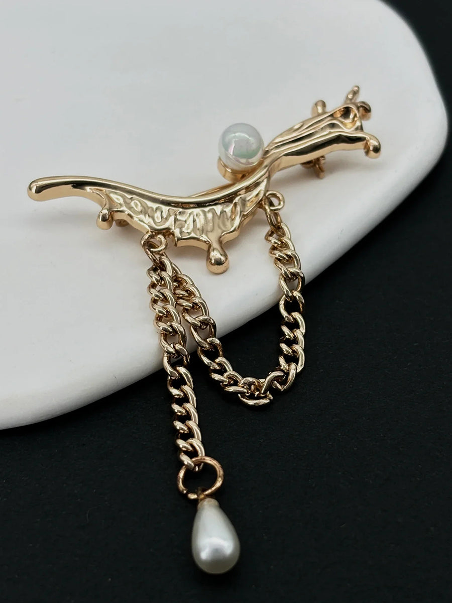 Gold Cascade Pearl Chain Brooch