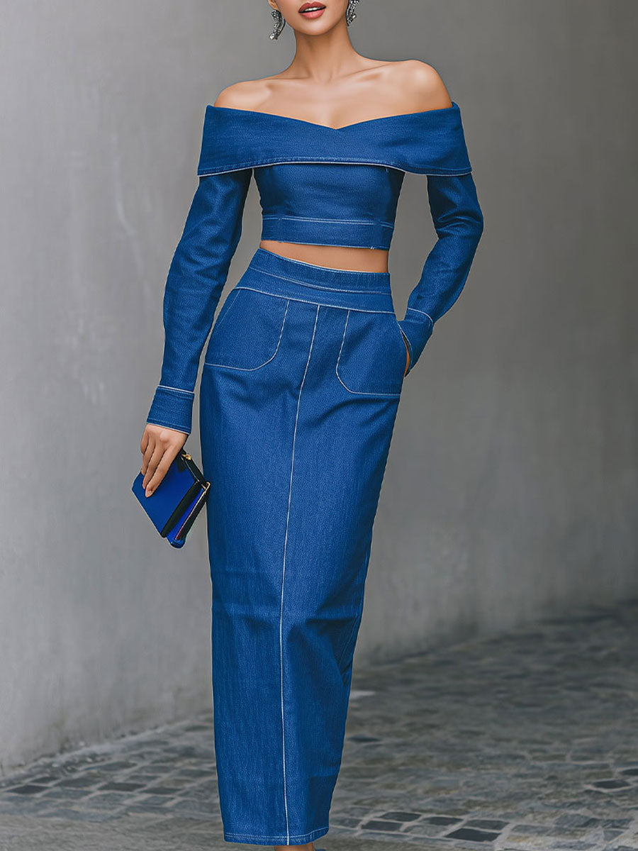 Off-the-Shoulder Denim Crop Top & Midi Skirt Set