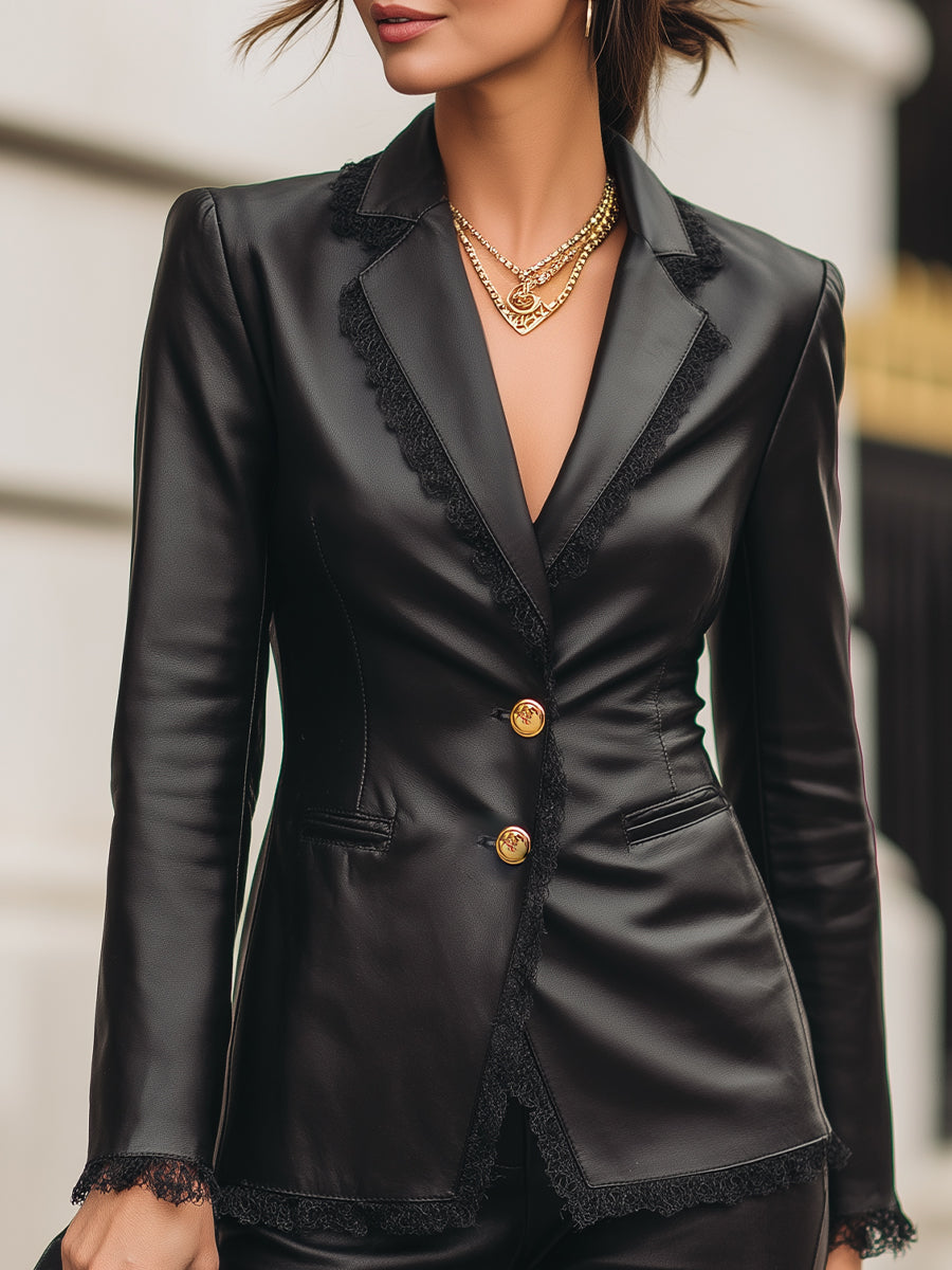 Tailored Faux Leather Blazer With Lace Trim
