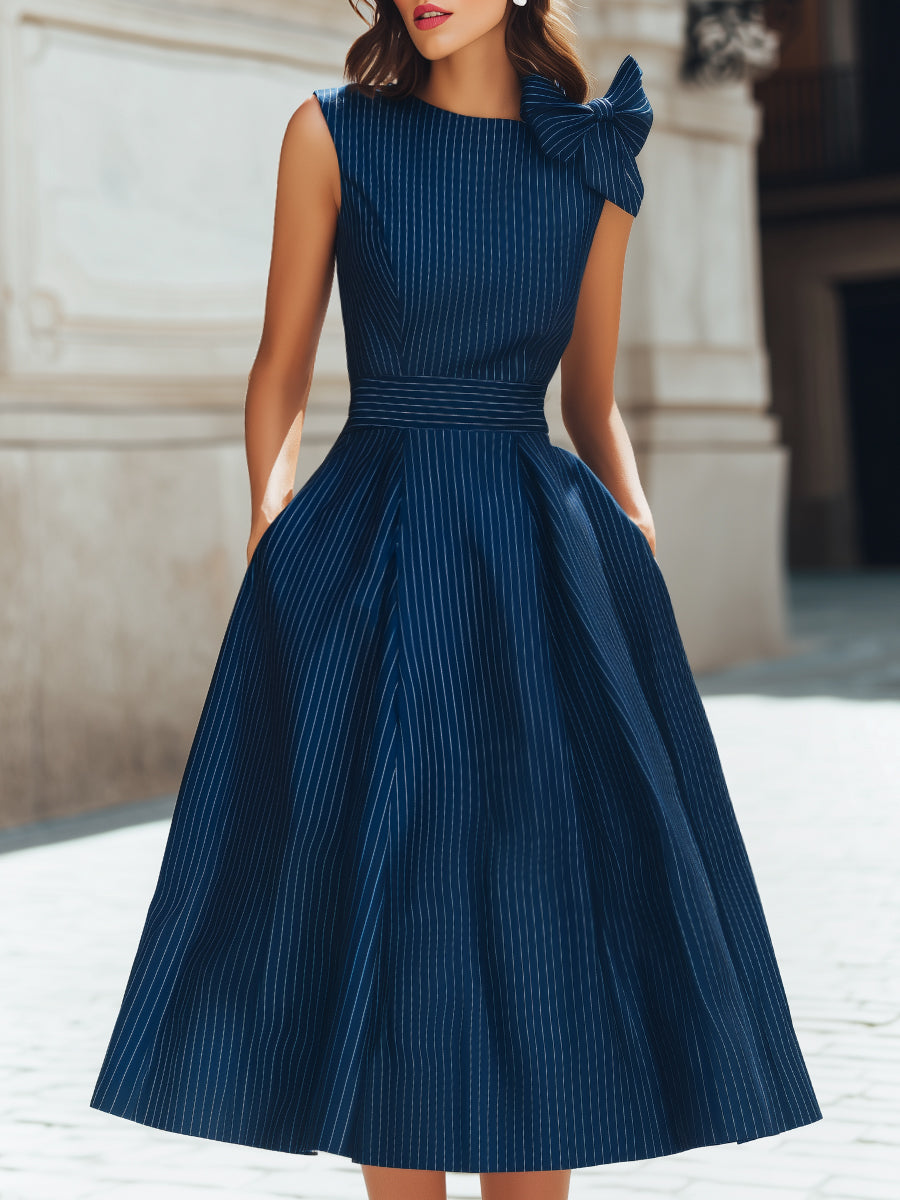 Bow Shoulder Pinstripe A-Line Midi Dress