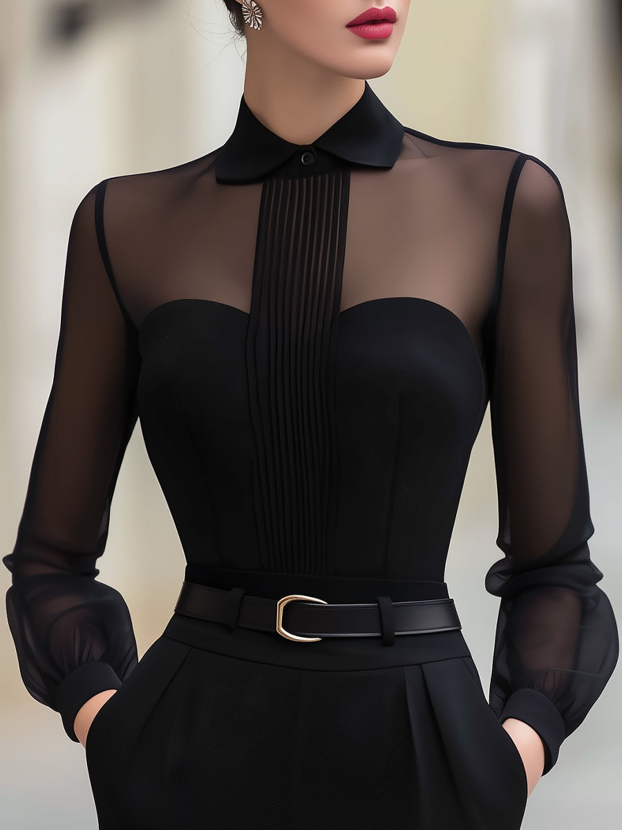 Sheer Panel Pleated Front Blouse