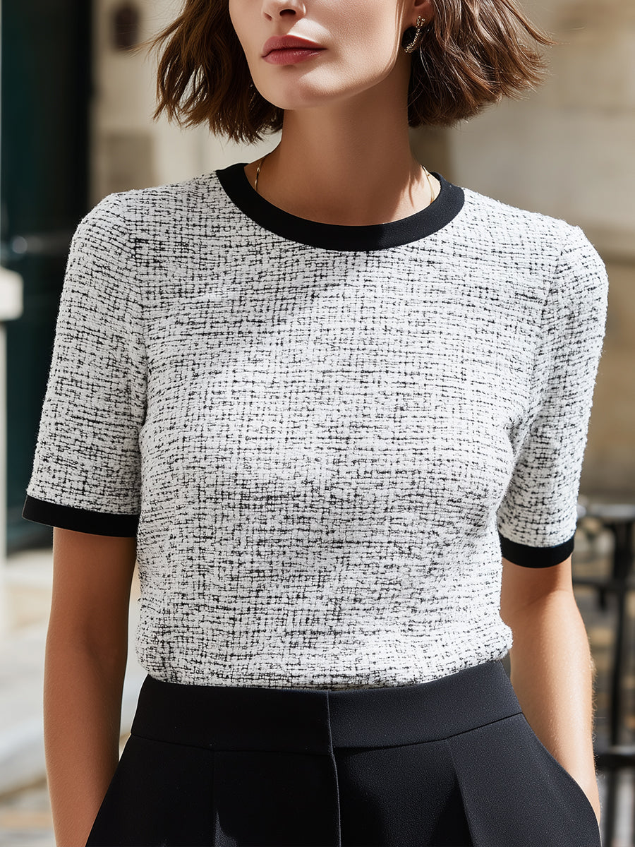 Ivory Bouclé Knit Short Sleeve Top With Contrast Trim