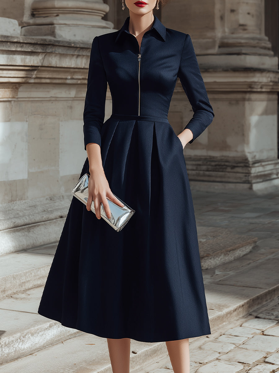Collared Zip-Front Midi Dress With Tailored Pleats
