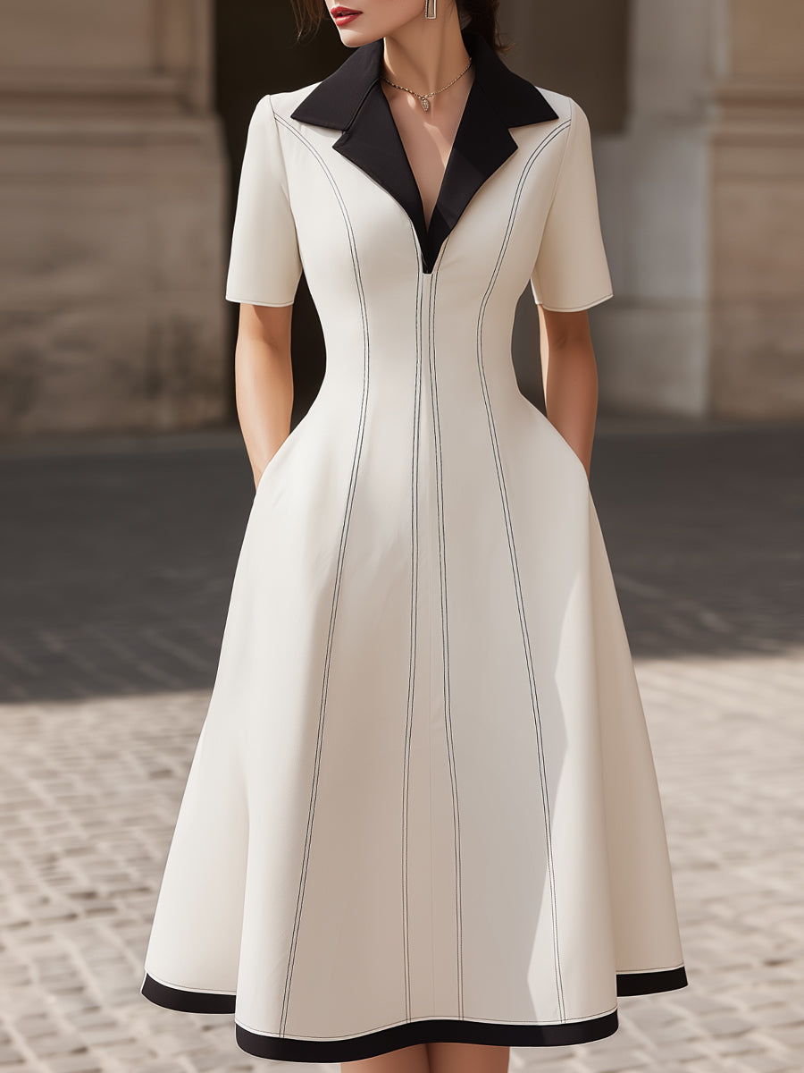 Contrast Lapel Tailored A-Line Dress