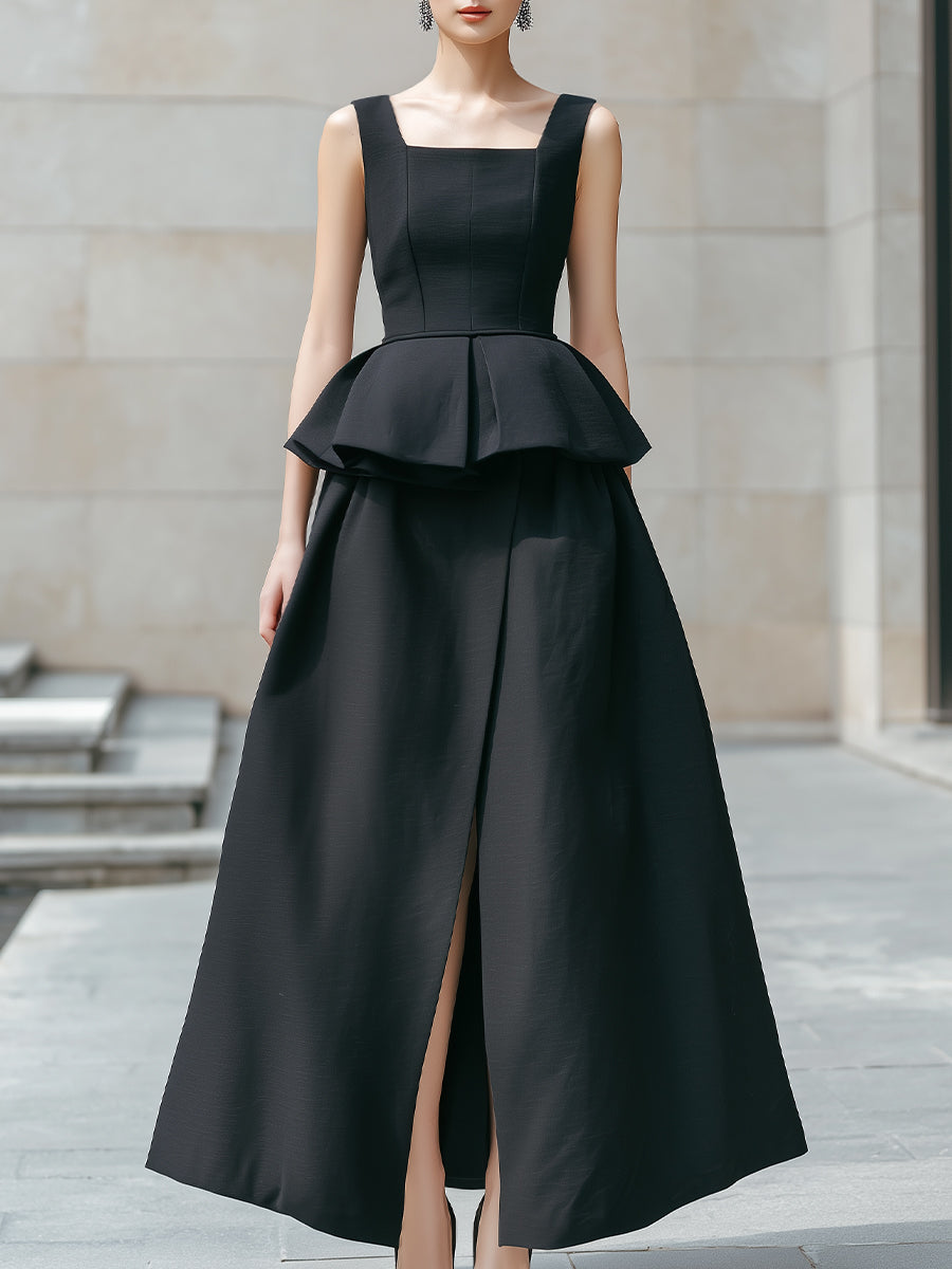 Square Neck Peplum Slit Maxi Dress