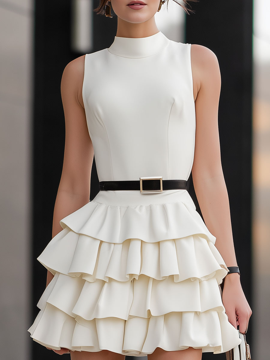 Sleek Ivory Mock-Neck Tiered Ruffle Mini Dress