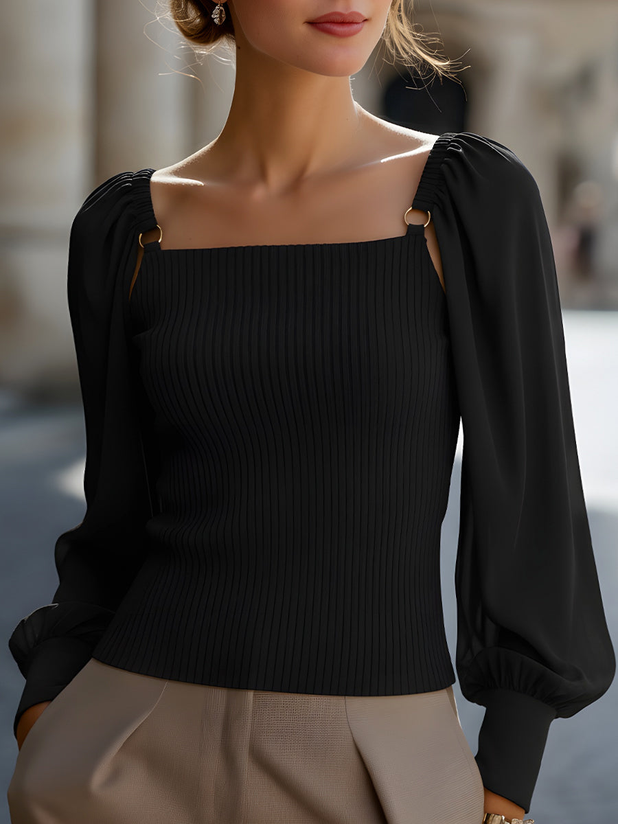 Ribbed Knit Top With Chiffon Balloon Sleeves