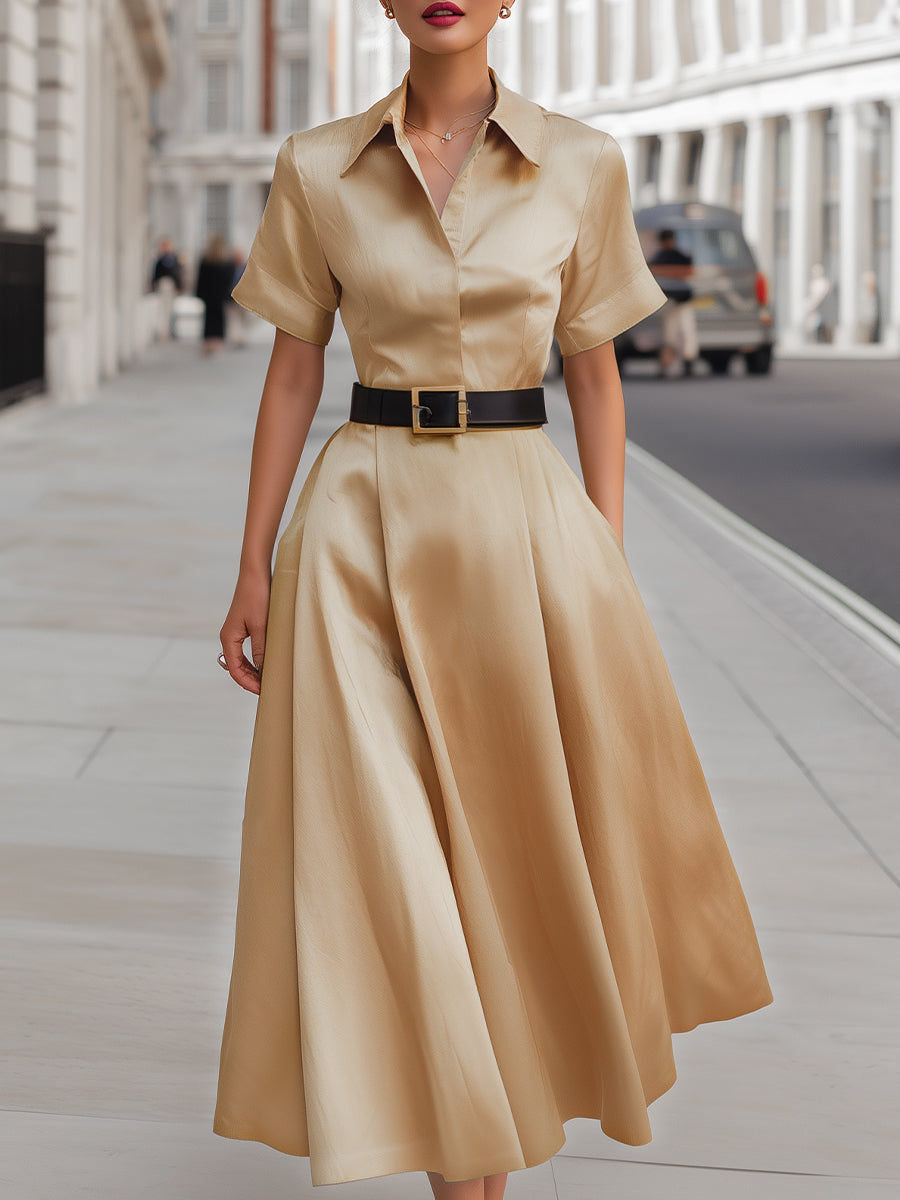 Elegant Belted A-Line Midi Shirt Dress