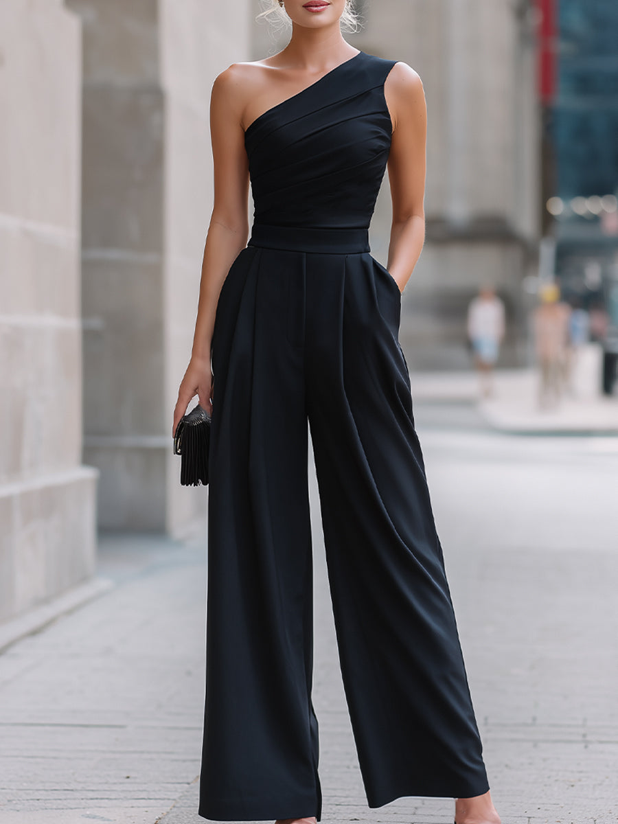 Black One-Shoulder Ruched Wide-Leg Jumpsuit