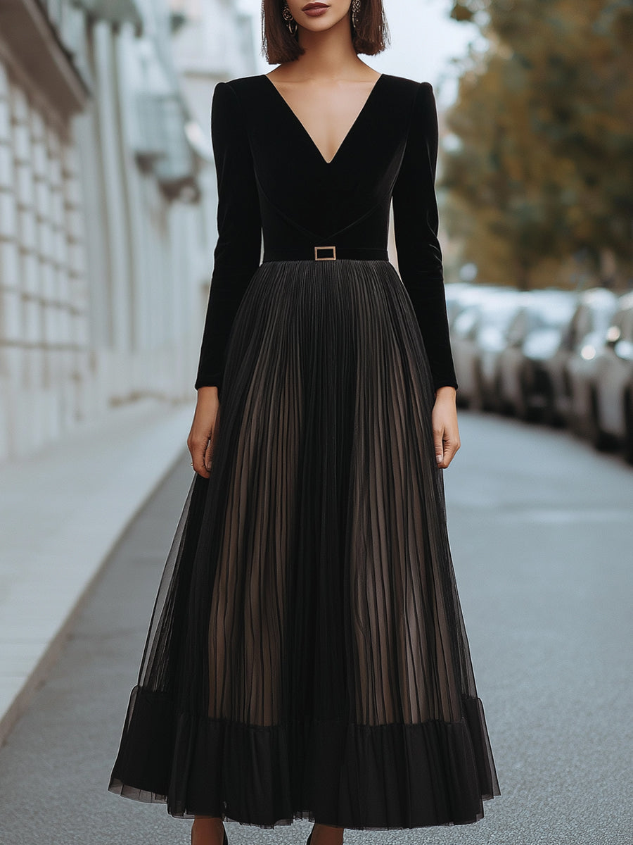 Velvet A-Line Dress With Pleated Mesh Skirt