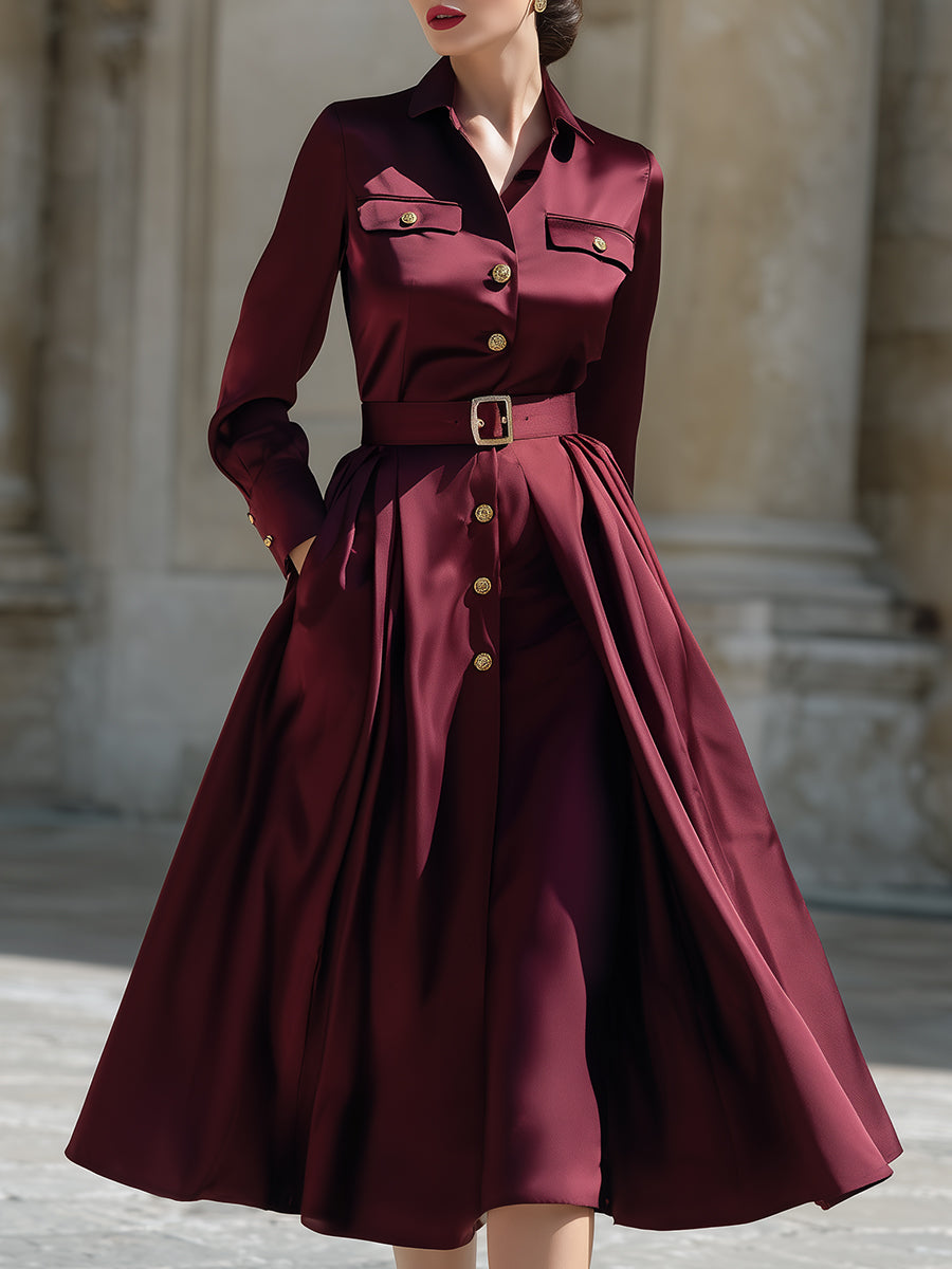 Elegant Belted Button-Front Midi Shirt Dress