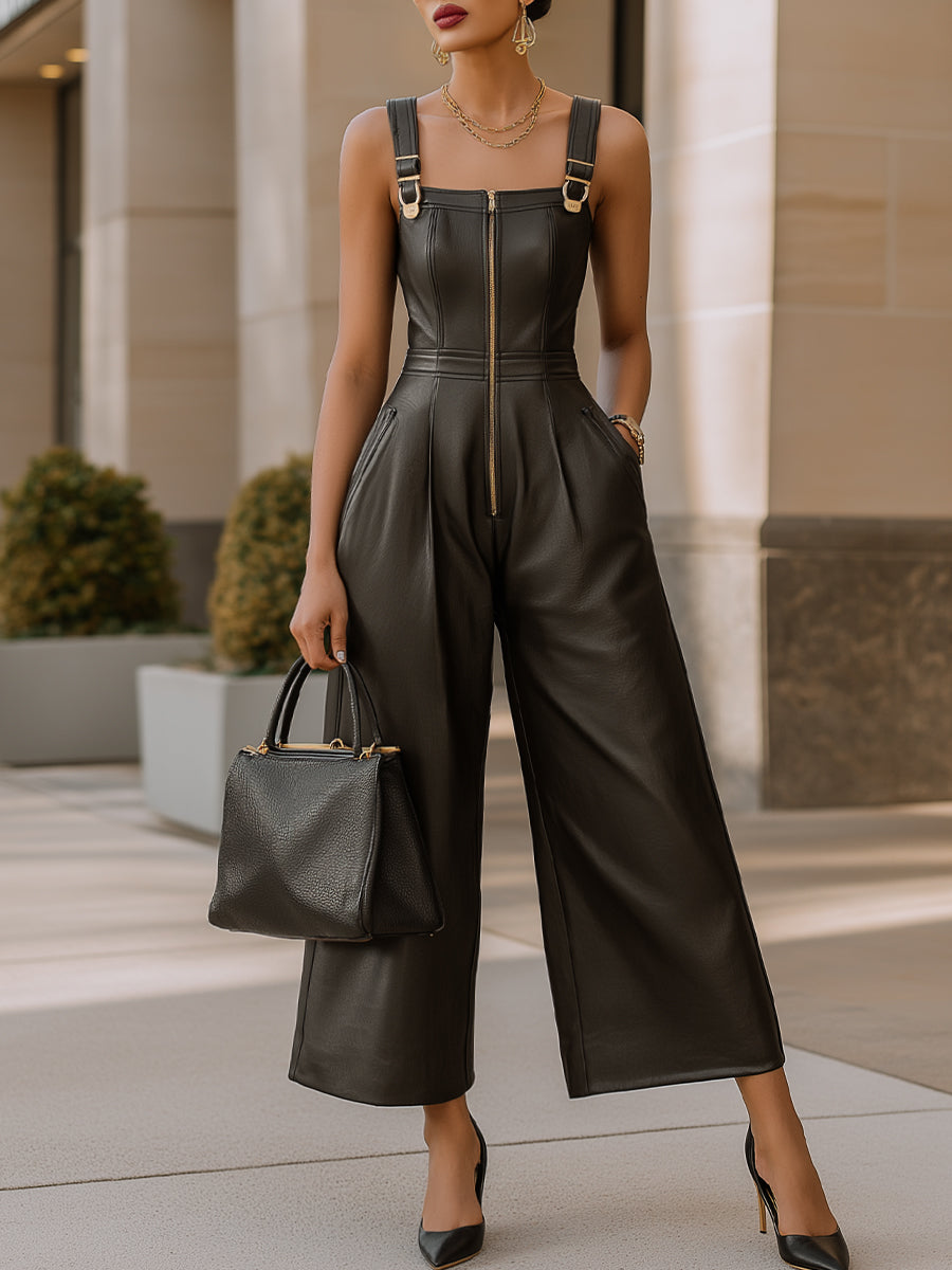 Faux Leather Zip-Front Wide-Leg Jumpsuit