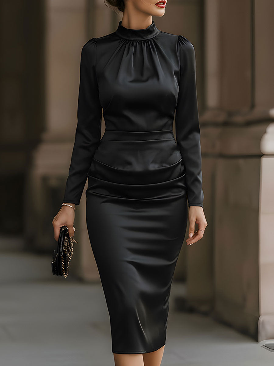 Satin Gathered-Neck Ruched-Waist Pencil Dress