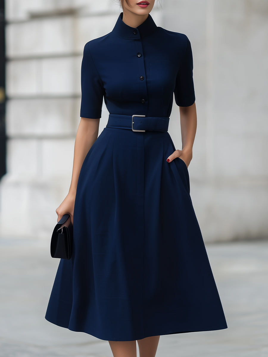 Navy High Neck Short Sleeve Belted Fit-and-Flare Midi Dress