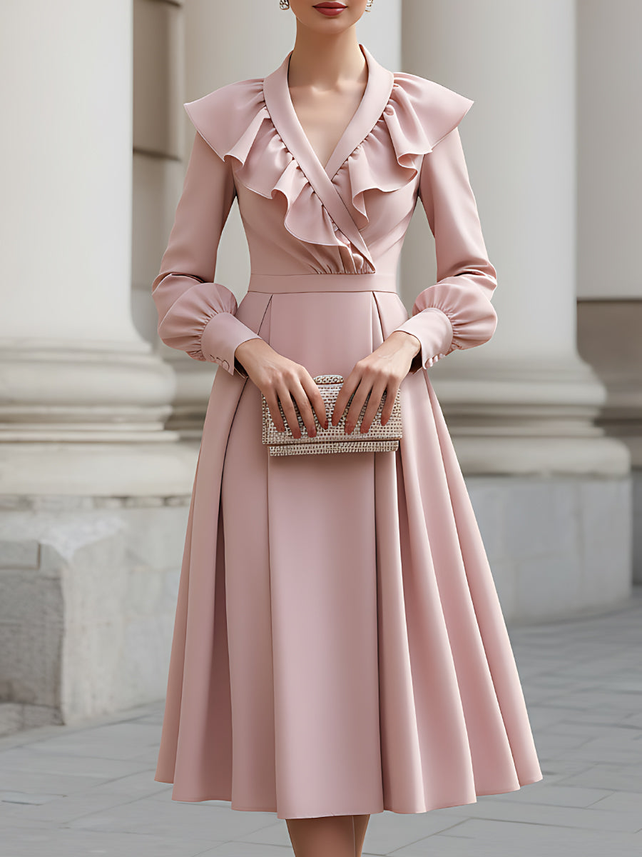 Ruffled Wrap-Neck Long Sleeve Midi Dress