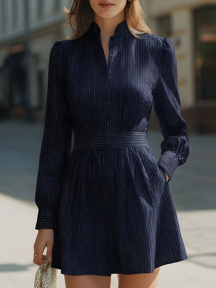 Navy Pinstripe Long-Sleeve Mini Dress With Structured Waist