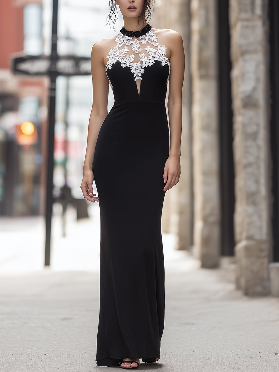 Black Halter Neck Lace Panel Maxi Evening Dress