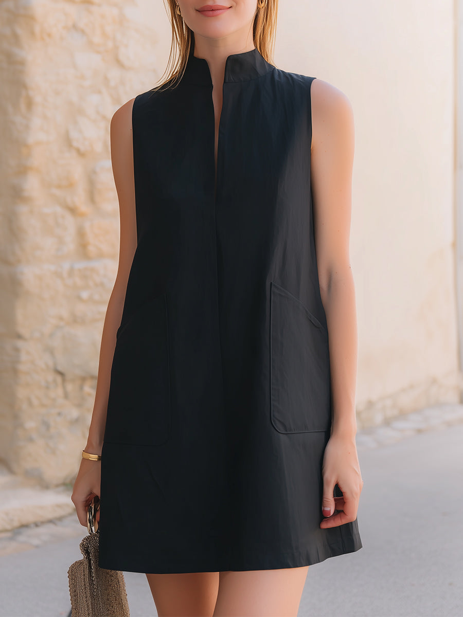Black Sleeveless Stand Collar Pocket Shift Mini Dress