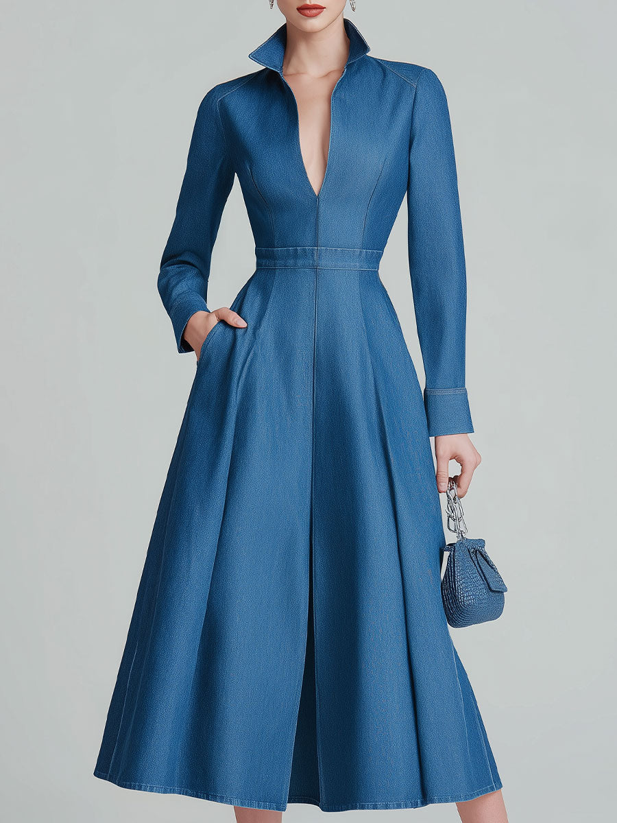 Polished Medium-Wash Denim Shirt-Collar Midi Dress