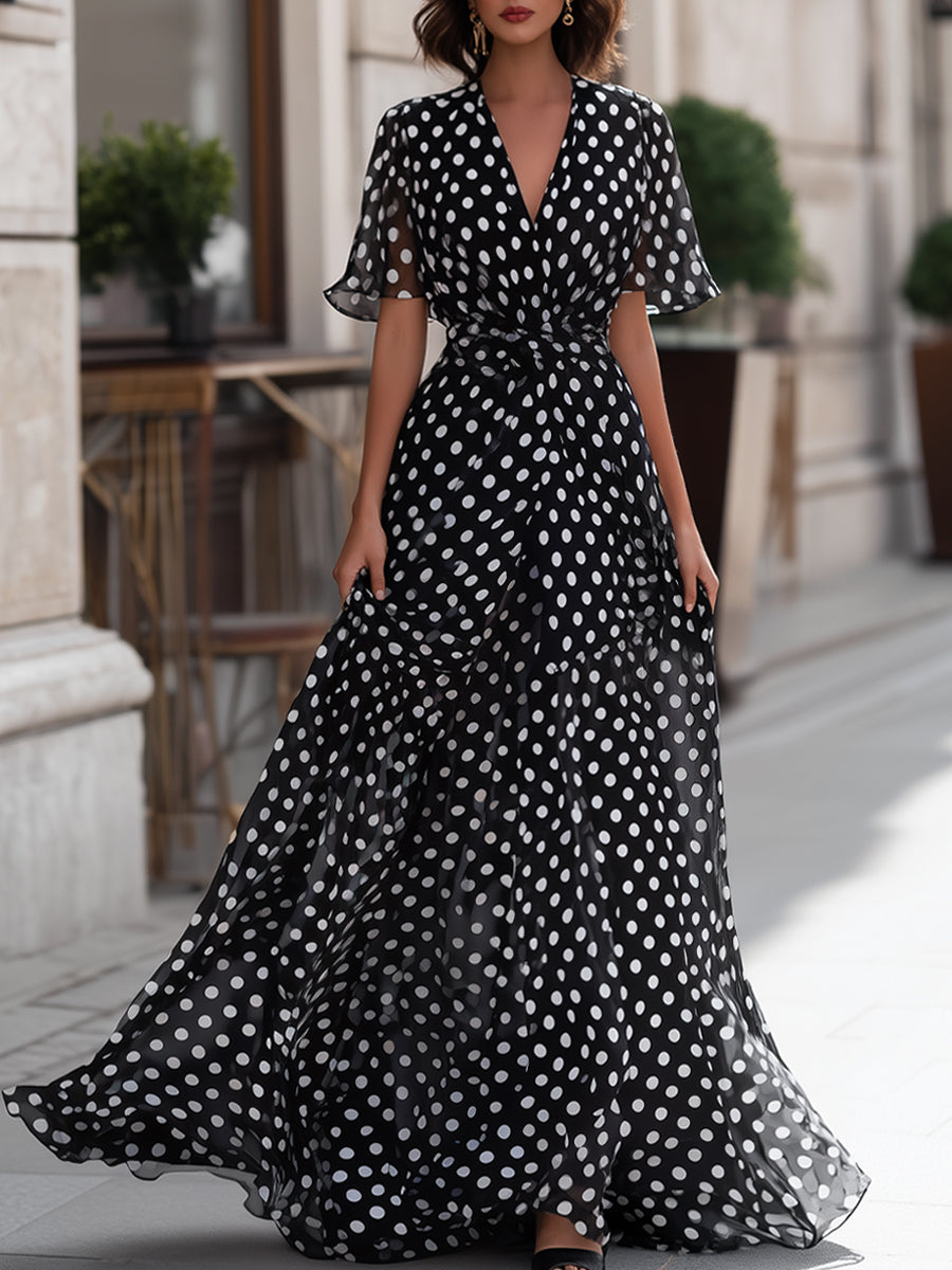 Polka Dot Chiffon V-Neck Maxi Dress