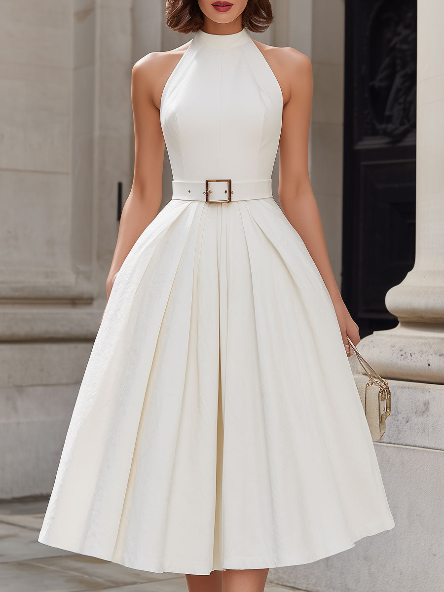 Ivory Halter Neck Pleated Midi Dress