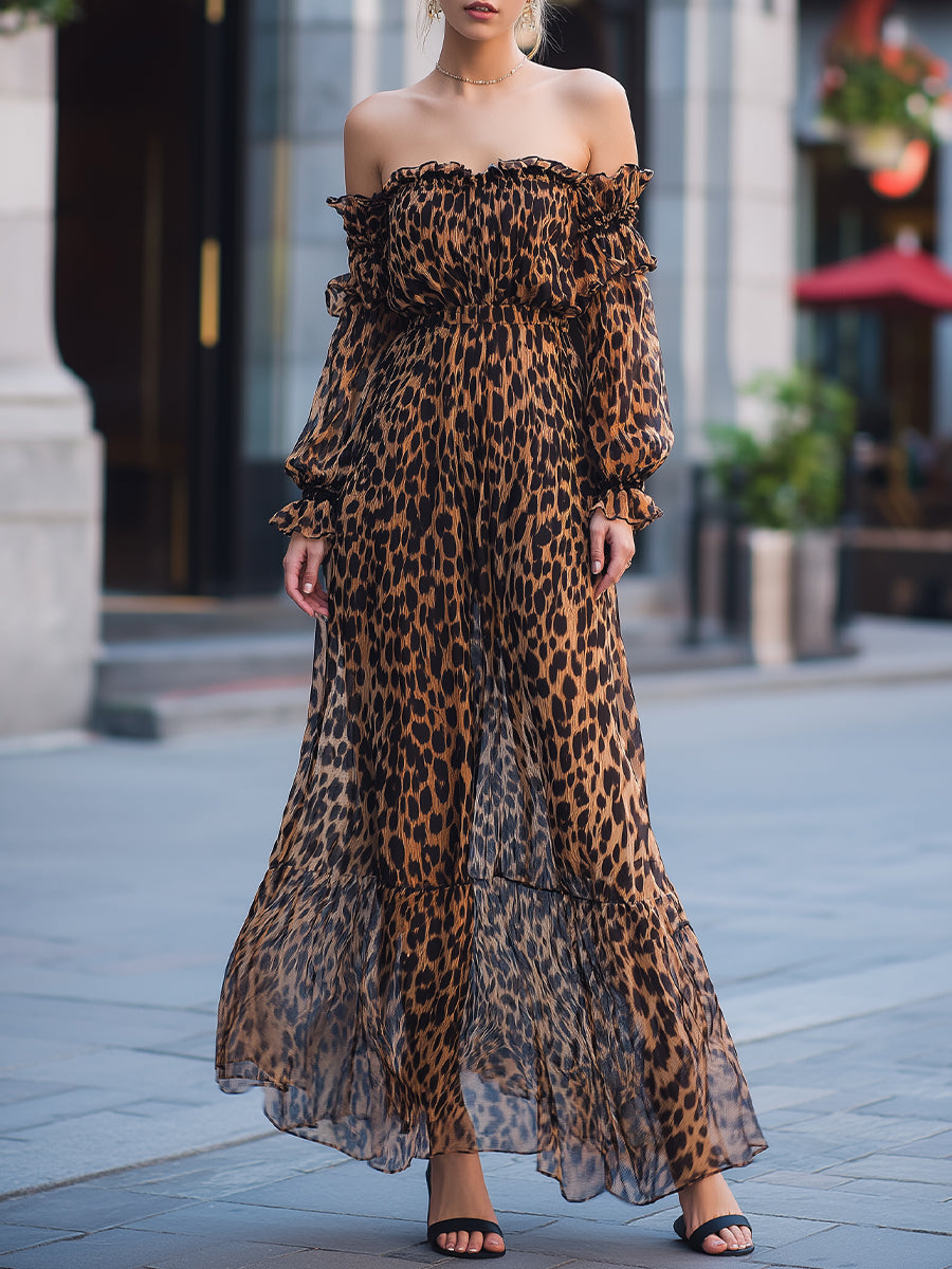 Elegant Leopard Print Off-Shoulder Chiffon Maxi Dress