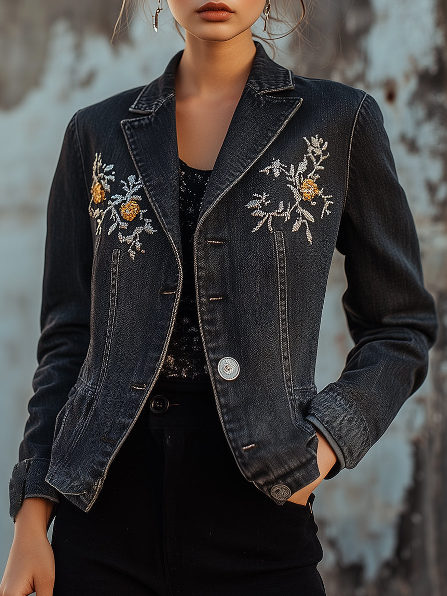 Dark Denim Embroidered Floral Blazer