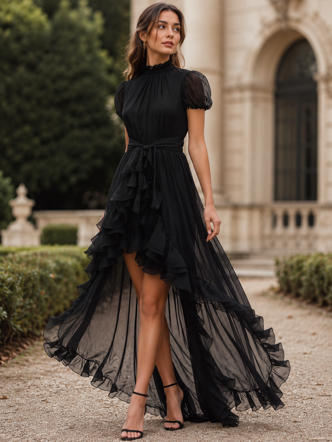 Sheer Ruffle High-Low Tie Waist Maxi Dress – Mooyius