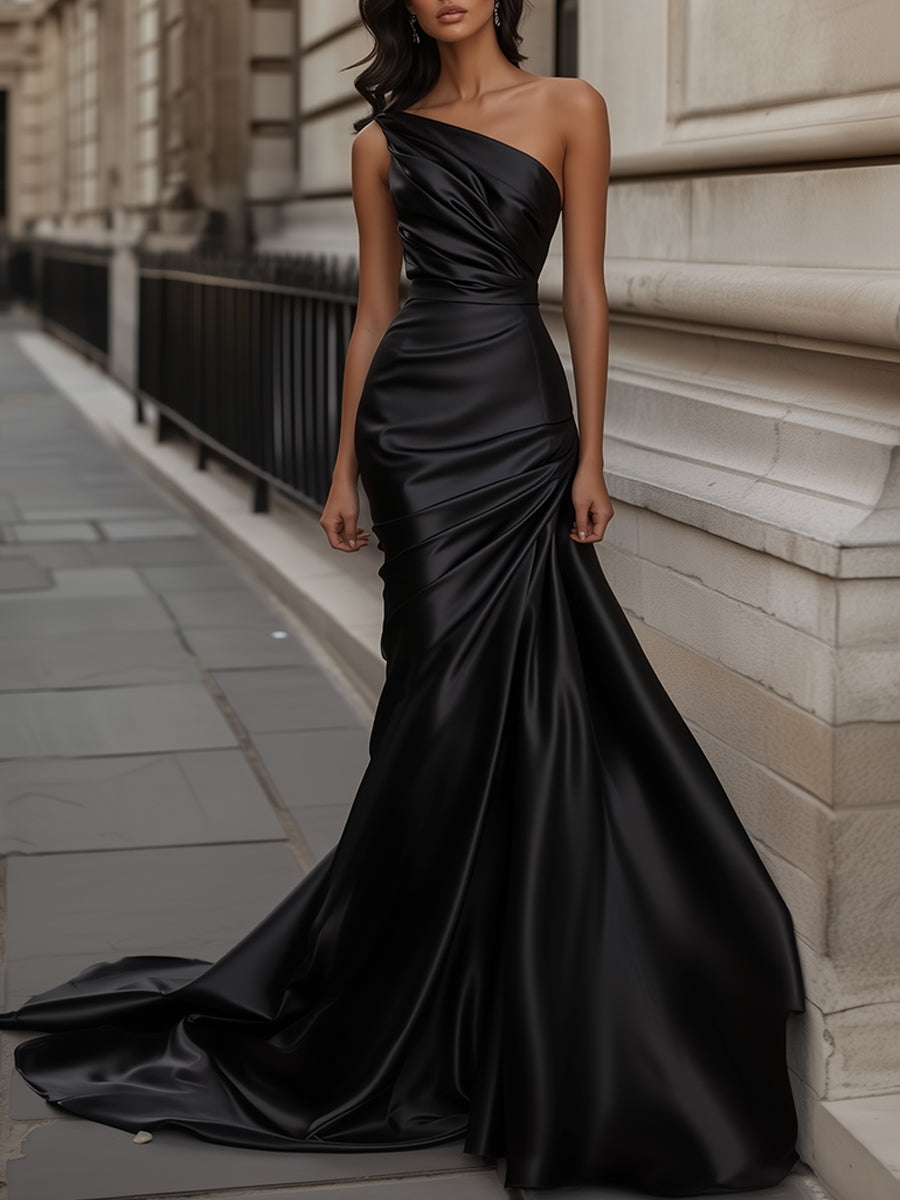 Black Satin One-Shoulder Gown