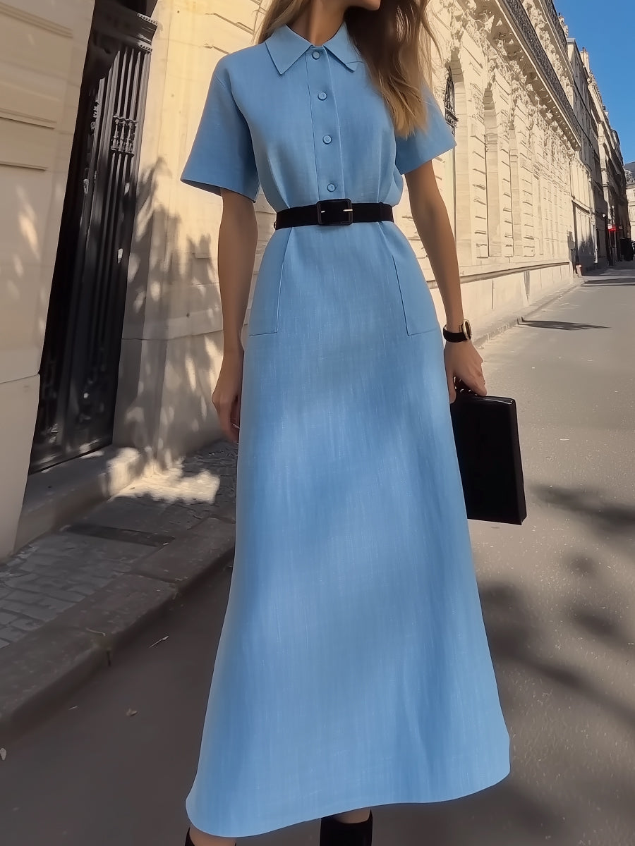 Light Blue Belted Shirt Dress