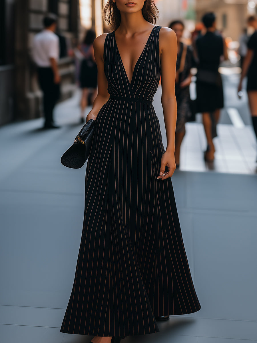 Black Pinstripe Deep V-Neck Maxi Dress