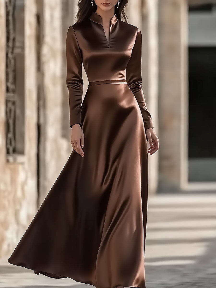 Chocolate Satin A-Line Dress with High Neck