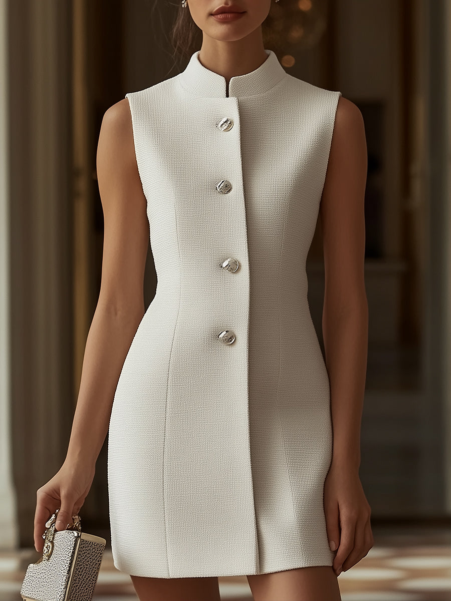 Classic White Tweed Buttoned Dress