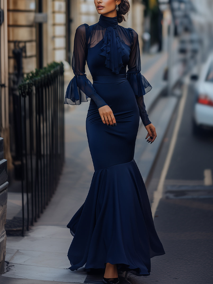 Navy Sheer Sleeve Mermaid Gown