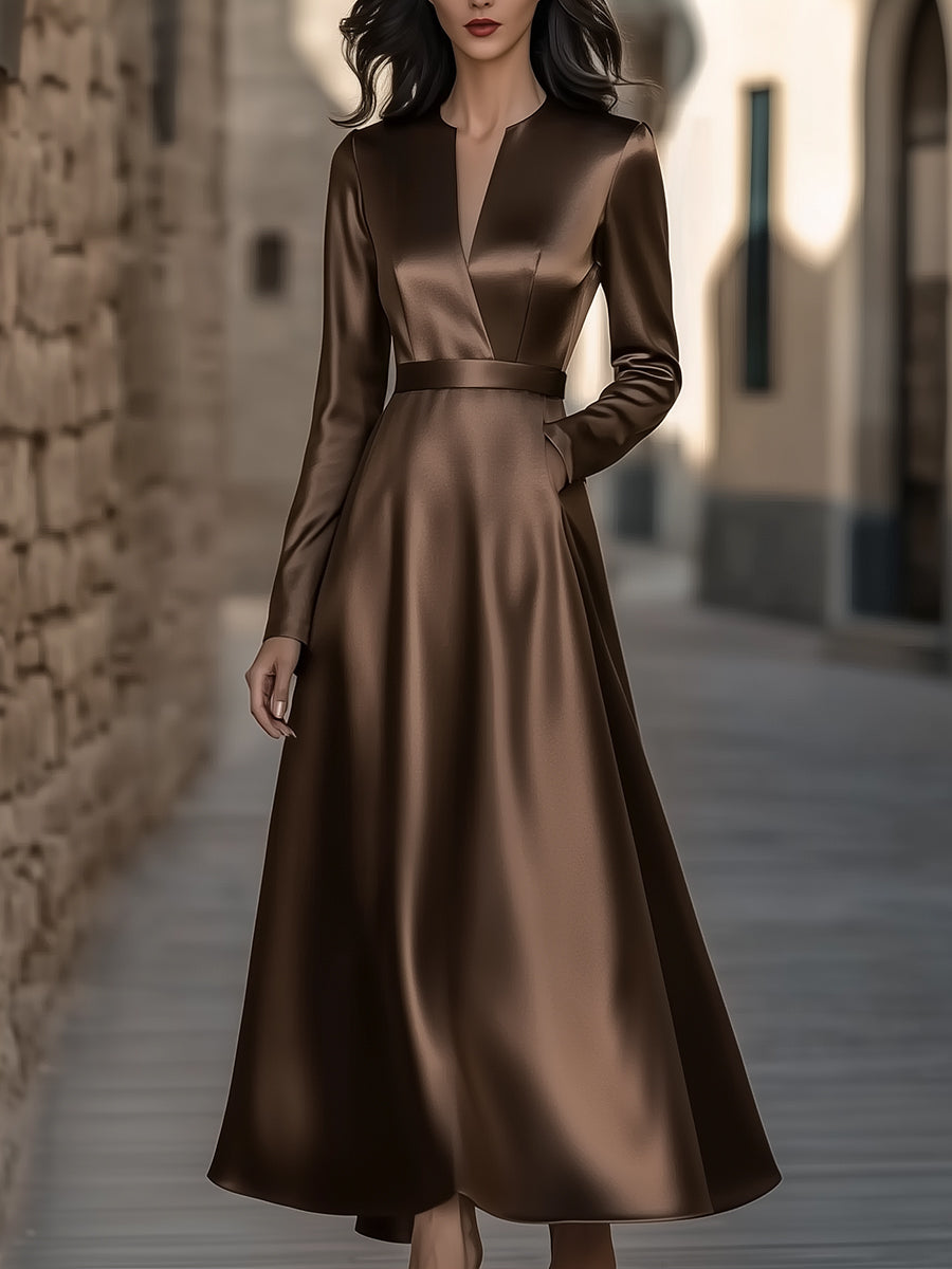 Elegant Satin Belted Dress with Long Sleeves