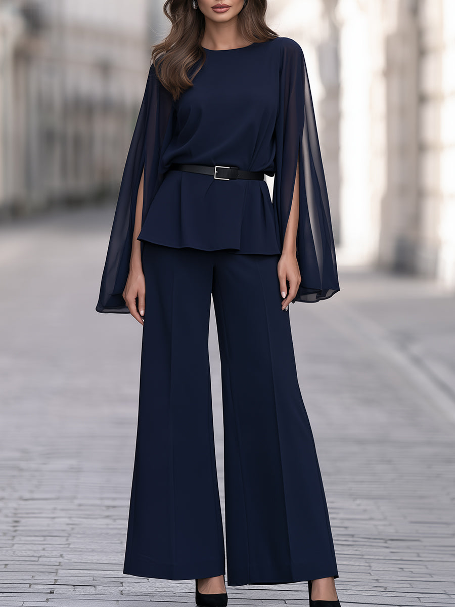 Elegant Chiffon Slit-Sleeve Peplum Top & Wide-Leg Pants Two-Piece Set