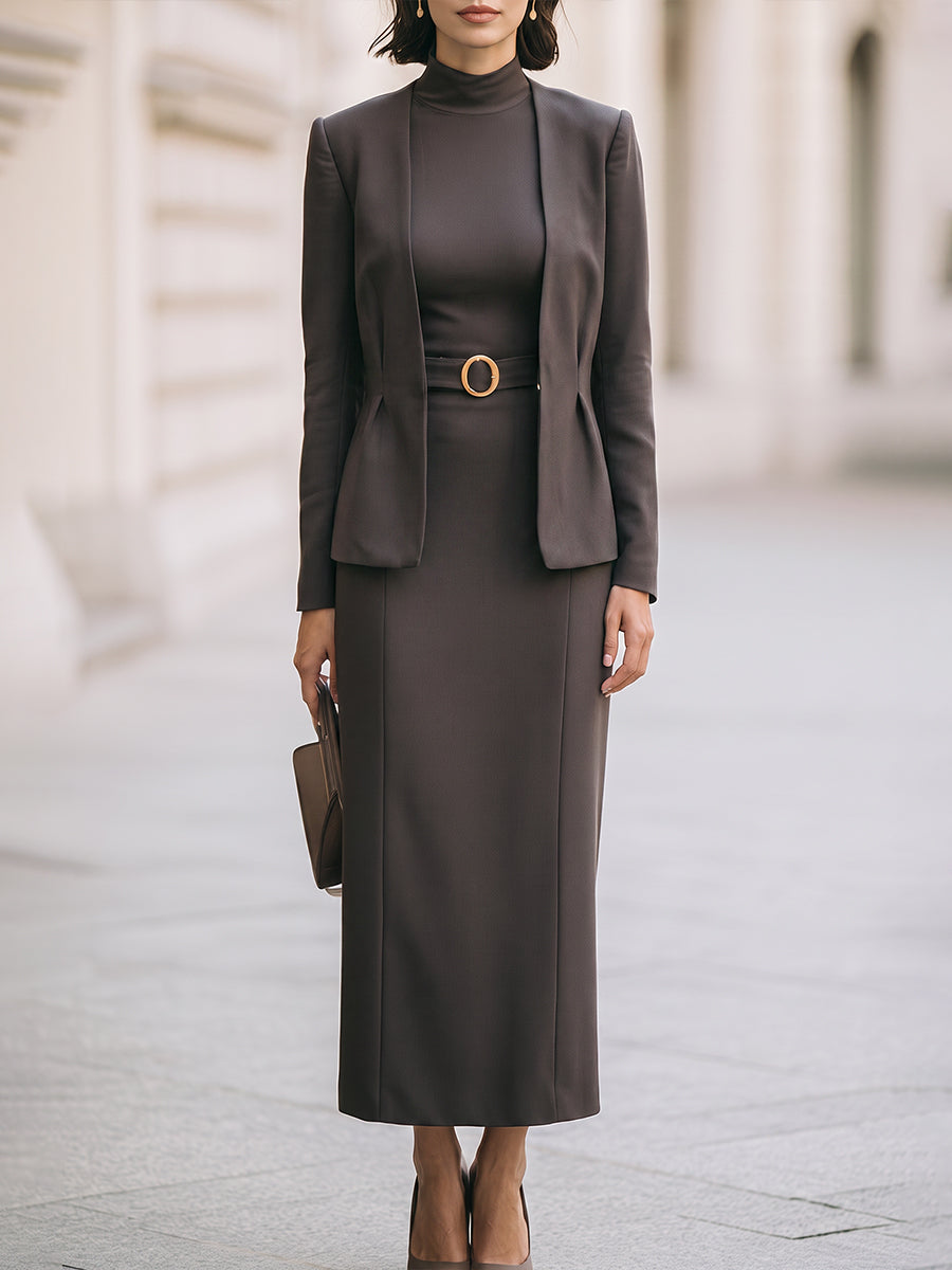 Belted Blazer And Maxi Dress Set