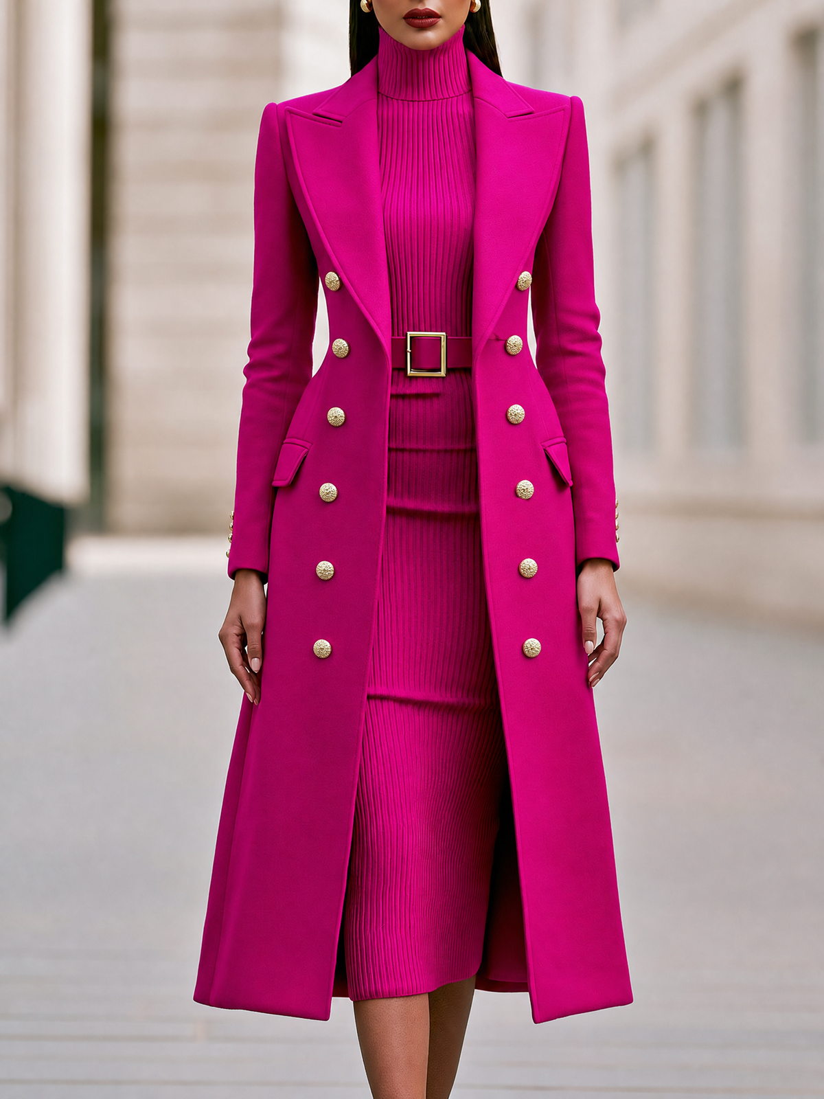 Double-Breasted Maxi Coat And Belted Knit Midi Dress Set