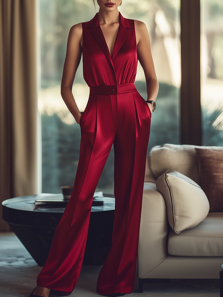 Elegant Red Sleeveless Satin Jumpsuit