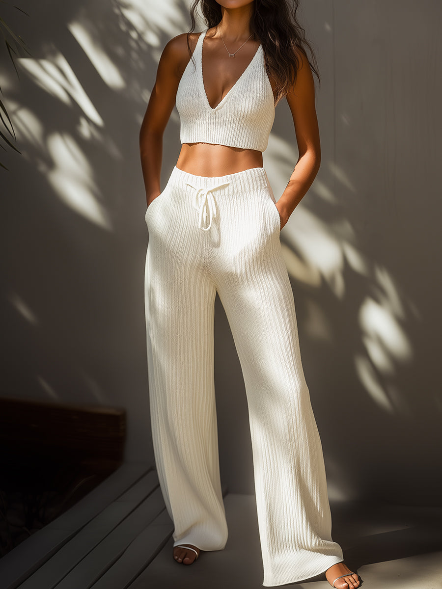 Ivory Ribbed Knit Crop Top and Lounge Pants Set