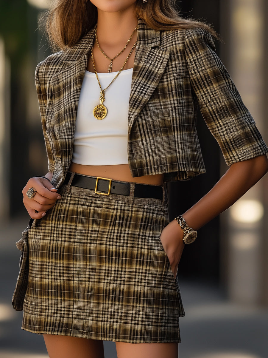 Chic Plaid Crop Jacket and Skirt Set