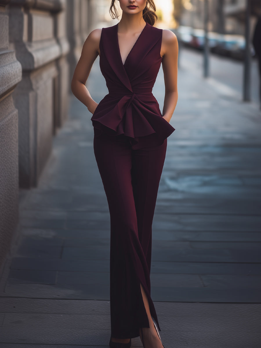 Burgundy Peplum Top and Pant Suit