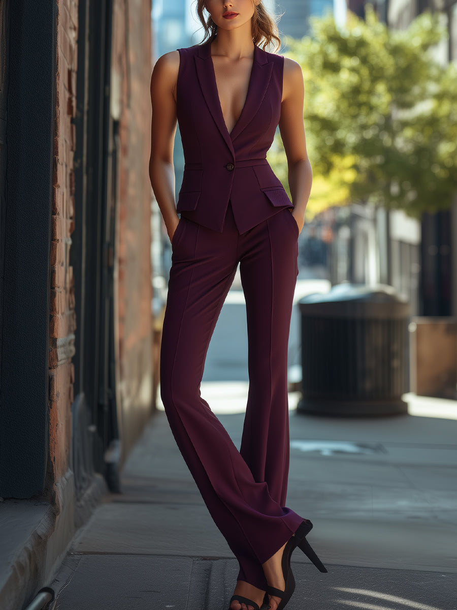 Elegant Plum Sleeveless Pantsuit with Slim Fit Design