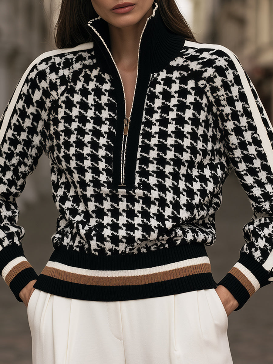 Houndstooth Quarter-Zip Knit Sweater
