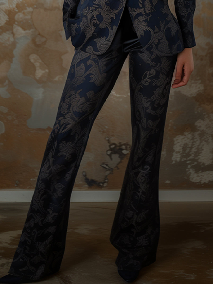 Navy Black Satin Jacquard Trousers