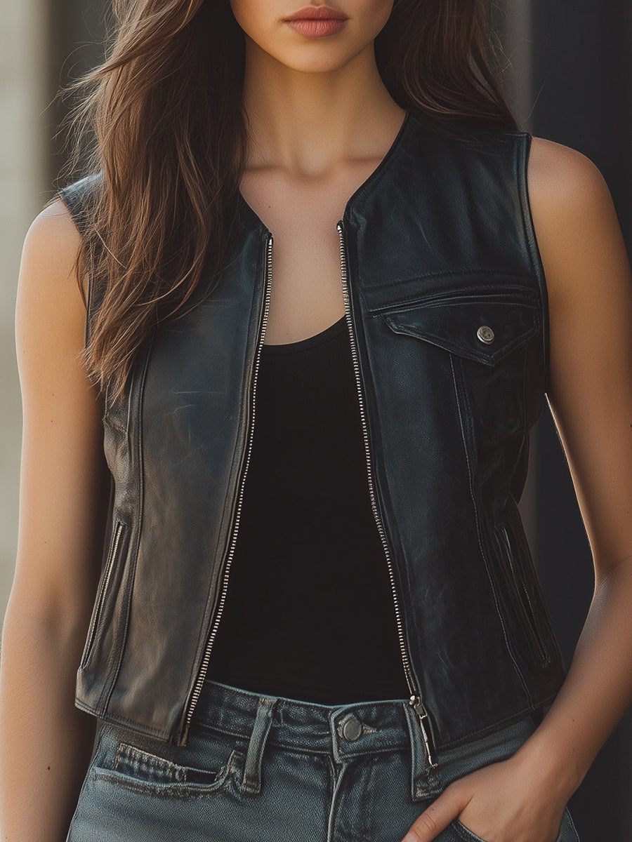 Classic Zip-Up Leather Vest