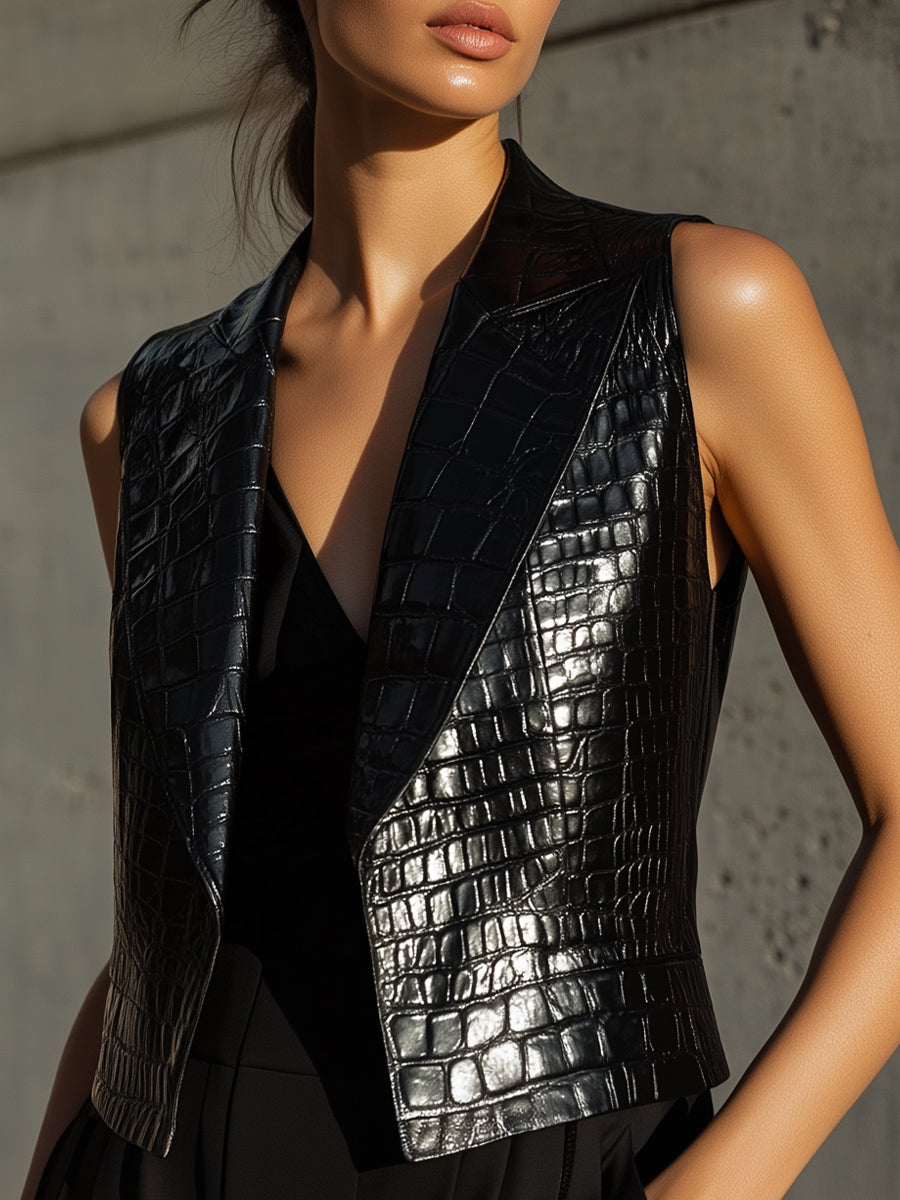 Chic Croc-Embossed Faux Leather Vest